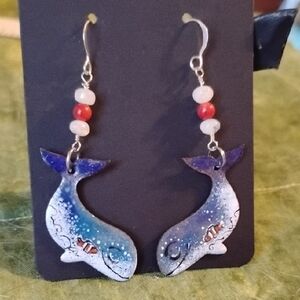 Hand Crafted Whale Earrings with Friend Accented With Moonstone And Bamboo Coral